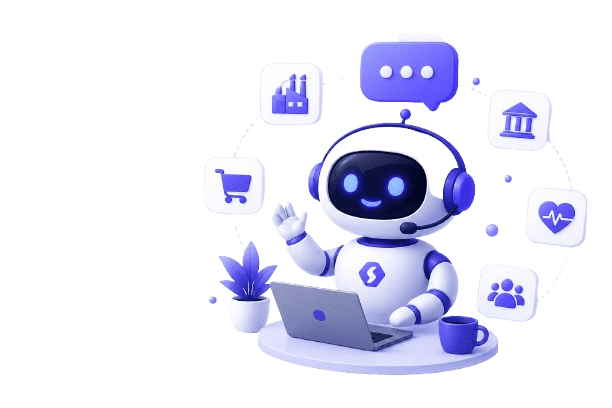 Industry support illustration — robot assistant with sector icons for retail, healthcare, finance, and more