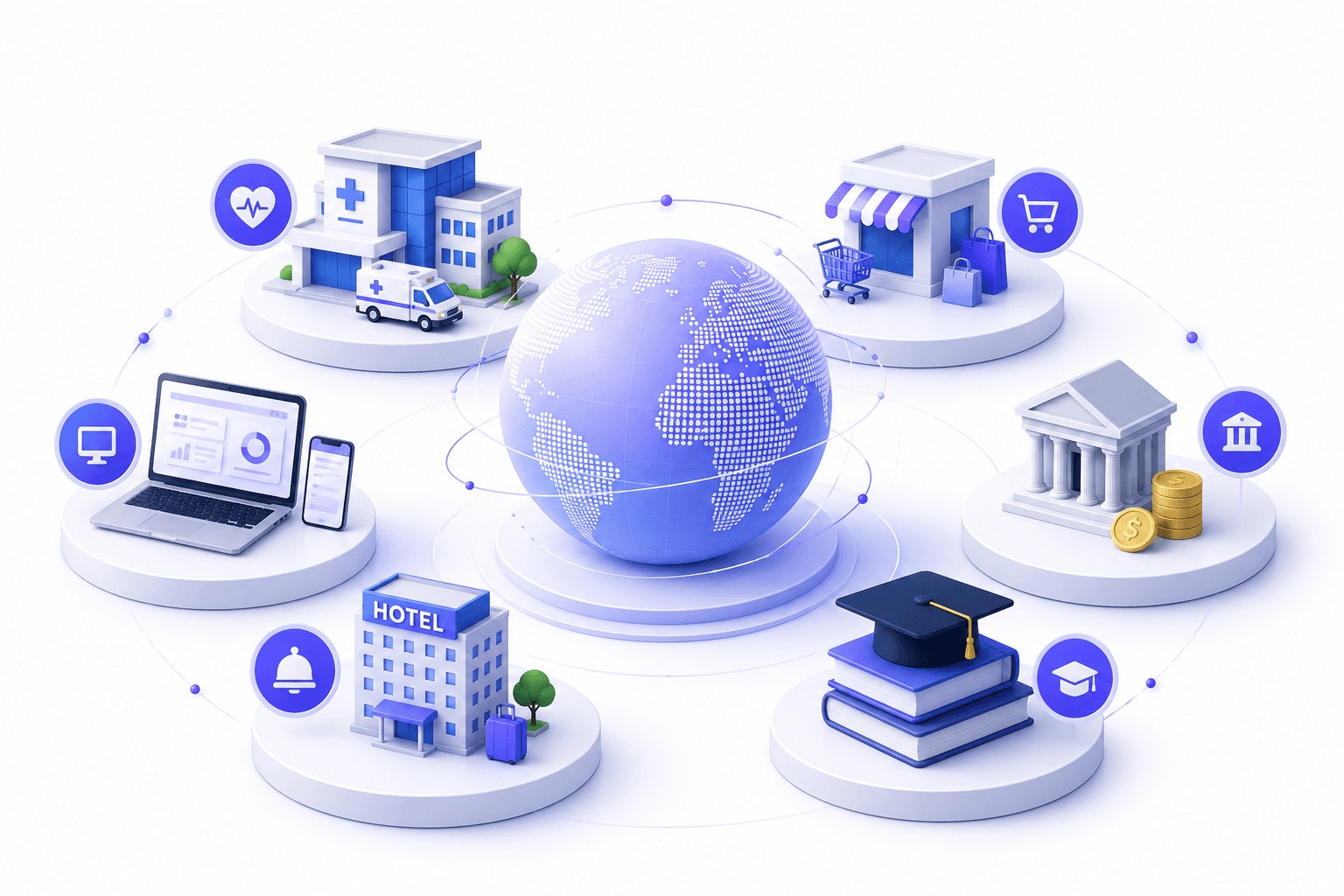Global industries illustration — healthcare, retail, finance, education, hospitality, and technology