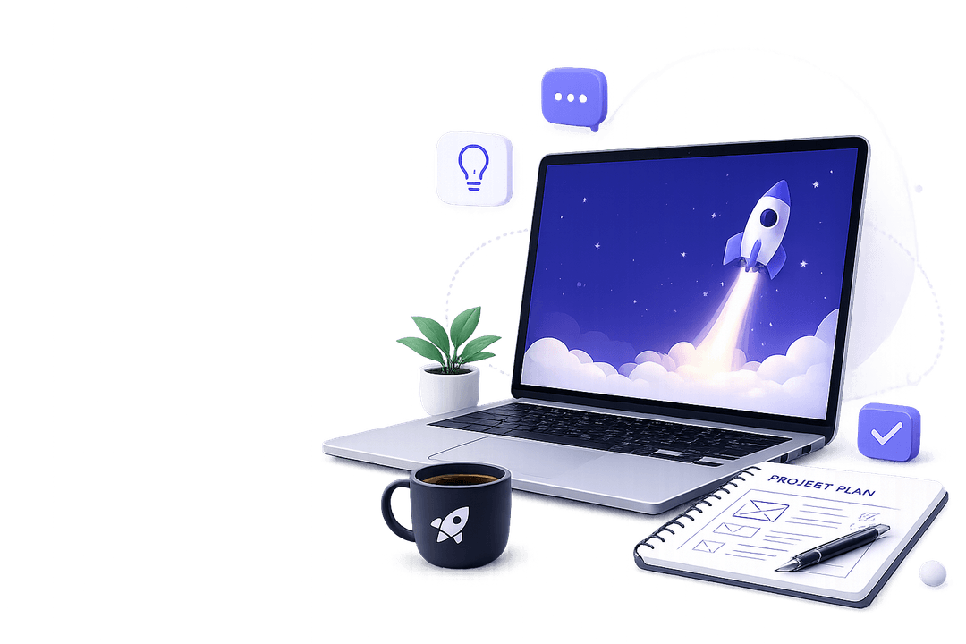 Project planning workspace — laptop, project plan notebook, and launch illustration